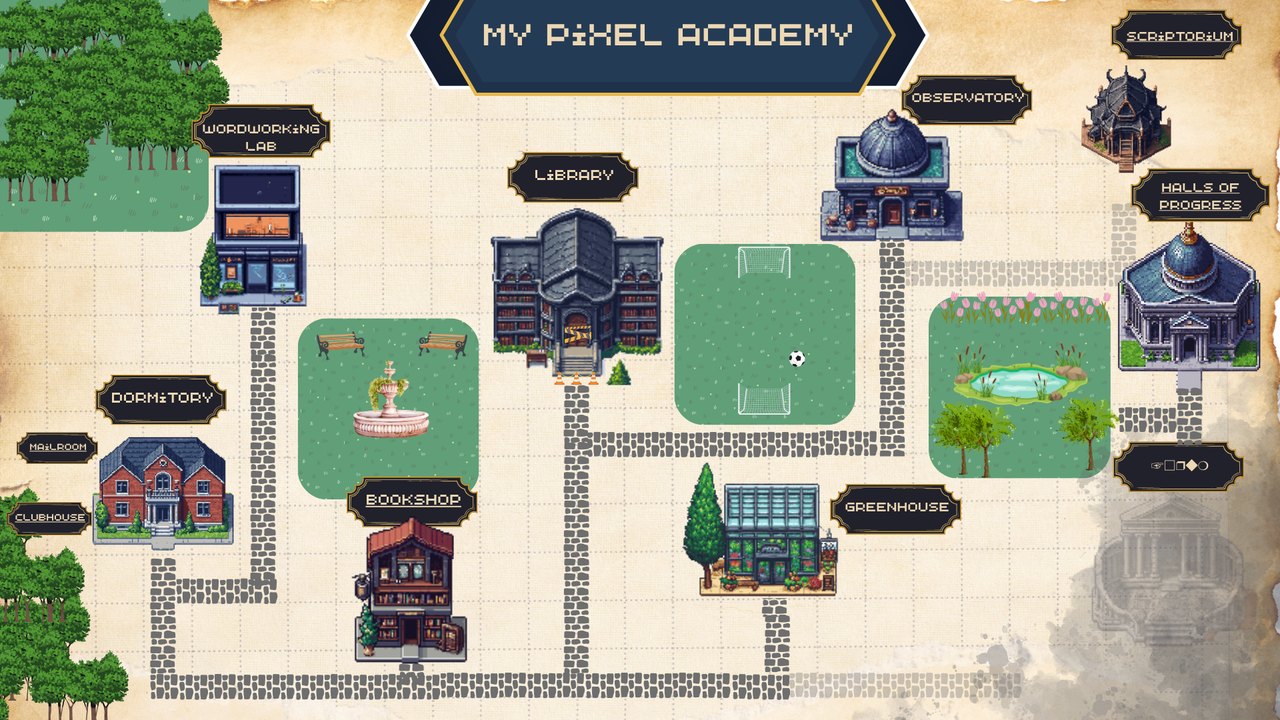 The Academy campus, drawn in pixel art, as the interactive introduction opens on it.