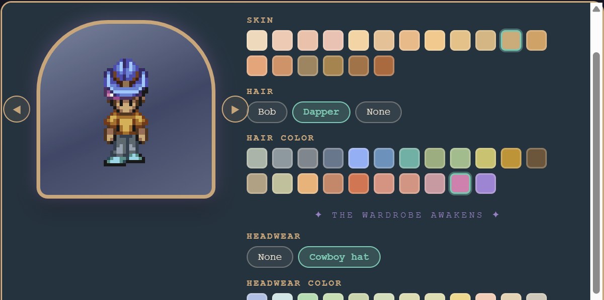 The avatar creator: a student's pixel-art character stands in a lit arch while they choose skin tone, hair style, hair colour and headwear from rows of swatches.