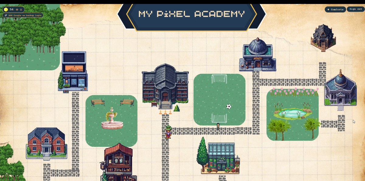 The campus a student walks, drawn in pixel art: library, bookshop, greenhouse, observatory, dormitory and a playing field set among paths and trees, with the student's own avatar standing on a path and their point total in the corner.