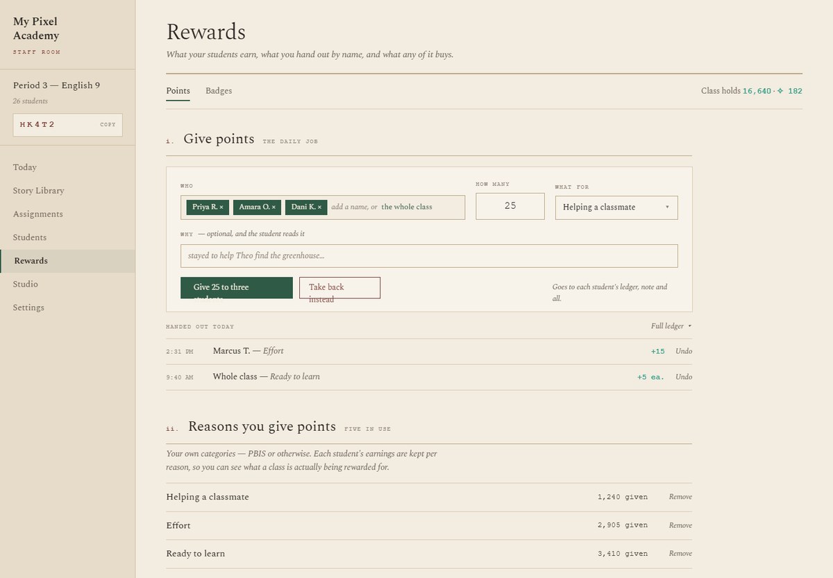 The Rewards screen: hand points to named students or the whole class, with an optional reason the student reads, a log of what was given today, and the teacher's own list of point categories — PBIS or otherwise — each with a running count of how often it has been given.