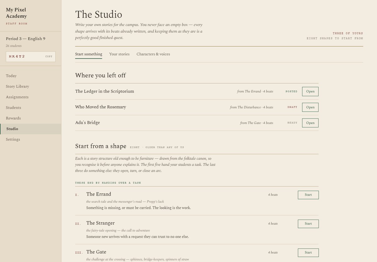 The Studio: the teacher's own stories in progress, and the first of eight story shapes drawn from the folktale canon — The Errand, The Stranger, The Gate — each arriving with its beats already written.